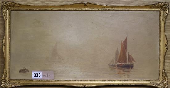 Early 20th century oil on panel, Shipping in mist 22 x 47cm.